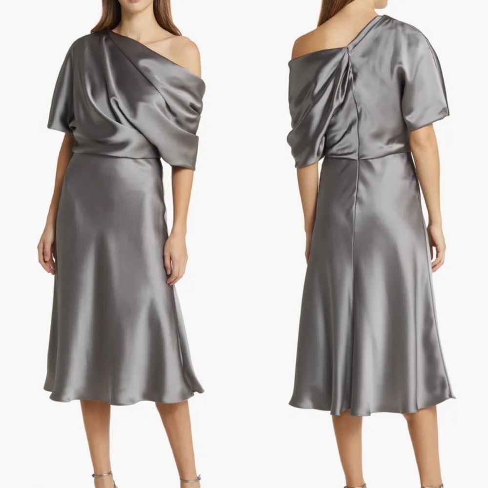 NWOT Amsale The Slouch Draped Satin One-Shoulder Midi Dress sz 2